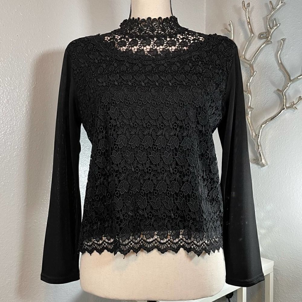 Meture Krein Black Lace Mock Neck Long Sleeve Blouse